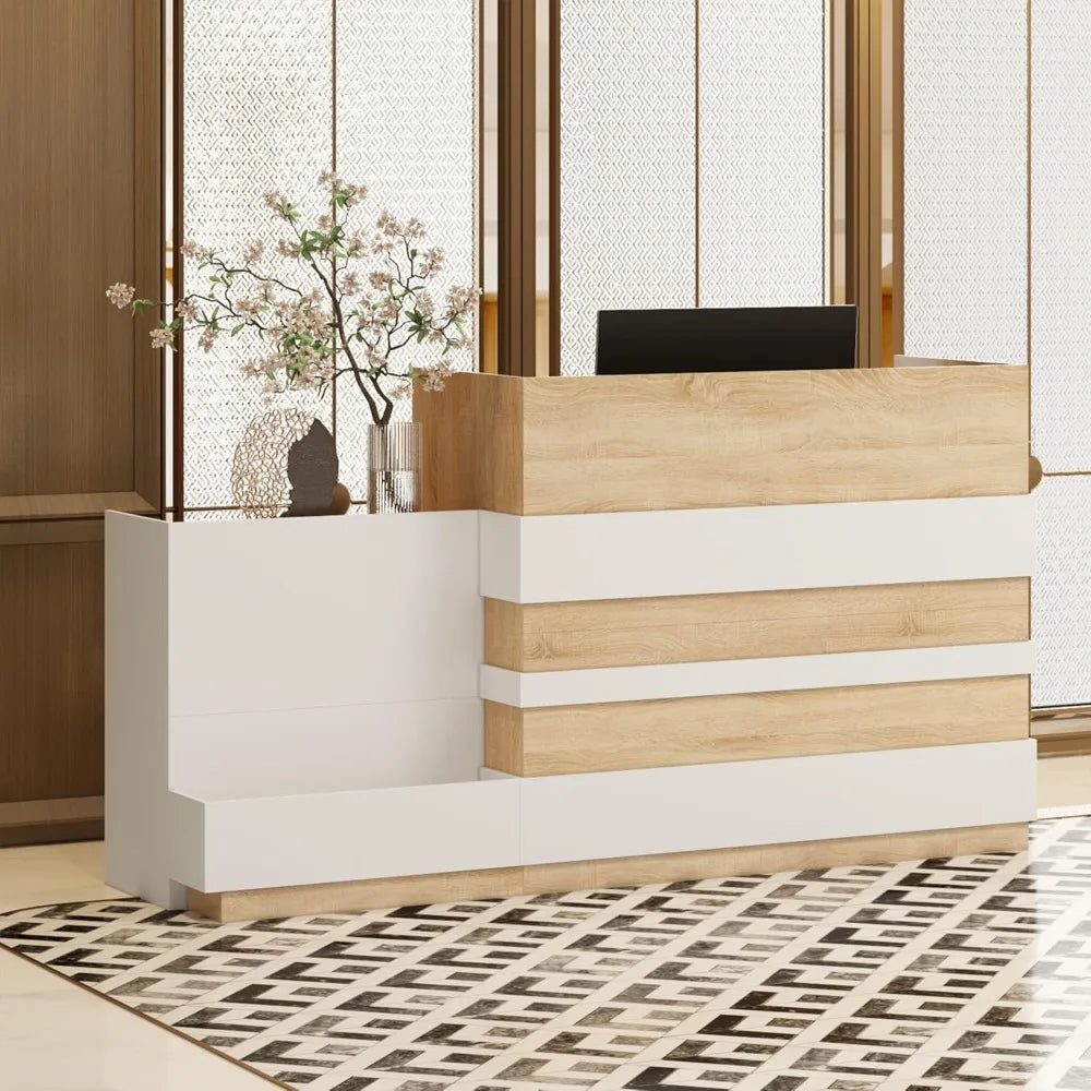 Oak & White Reception Desk with Keyboard Tray