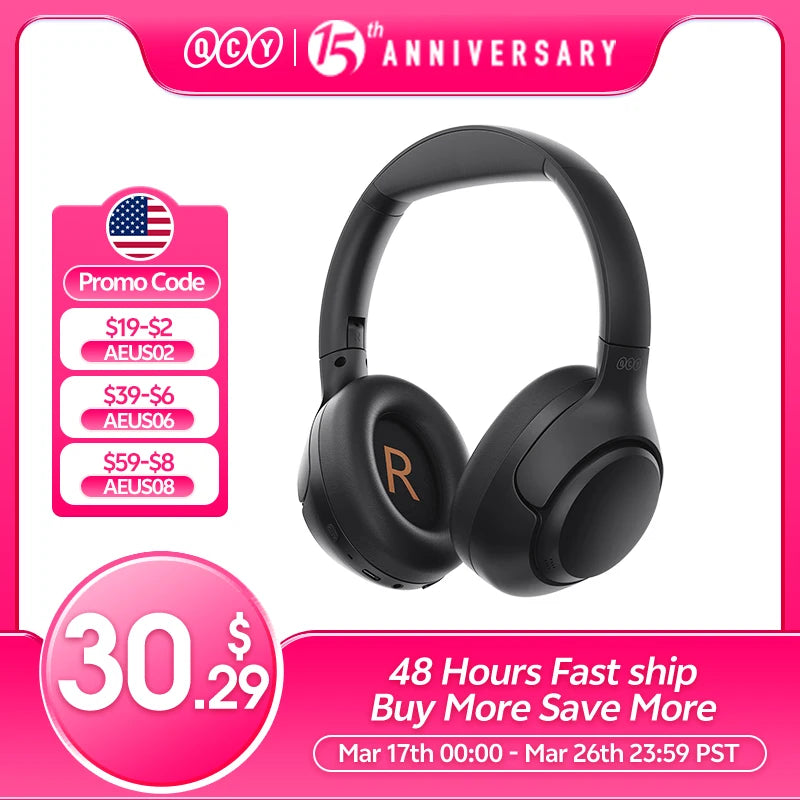 QCY H3 ANC Wireless Headphones with Bluetooth 5.4 and Hi-Res Audio