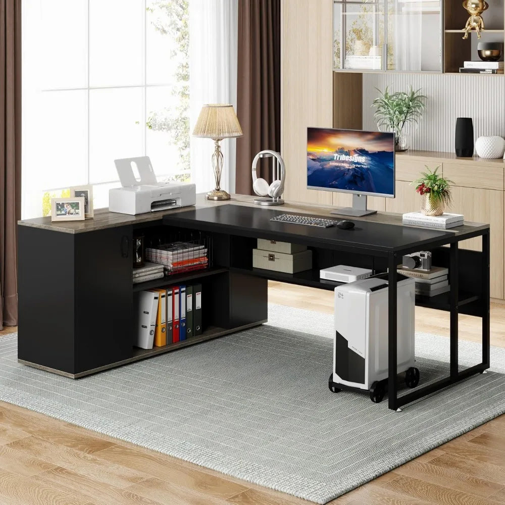 71" Executive L-Shaped Desk with Cabinet Storage and Shelves