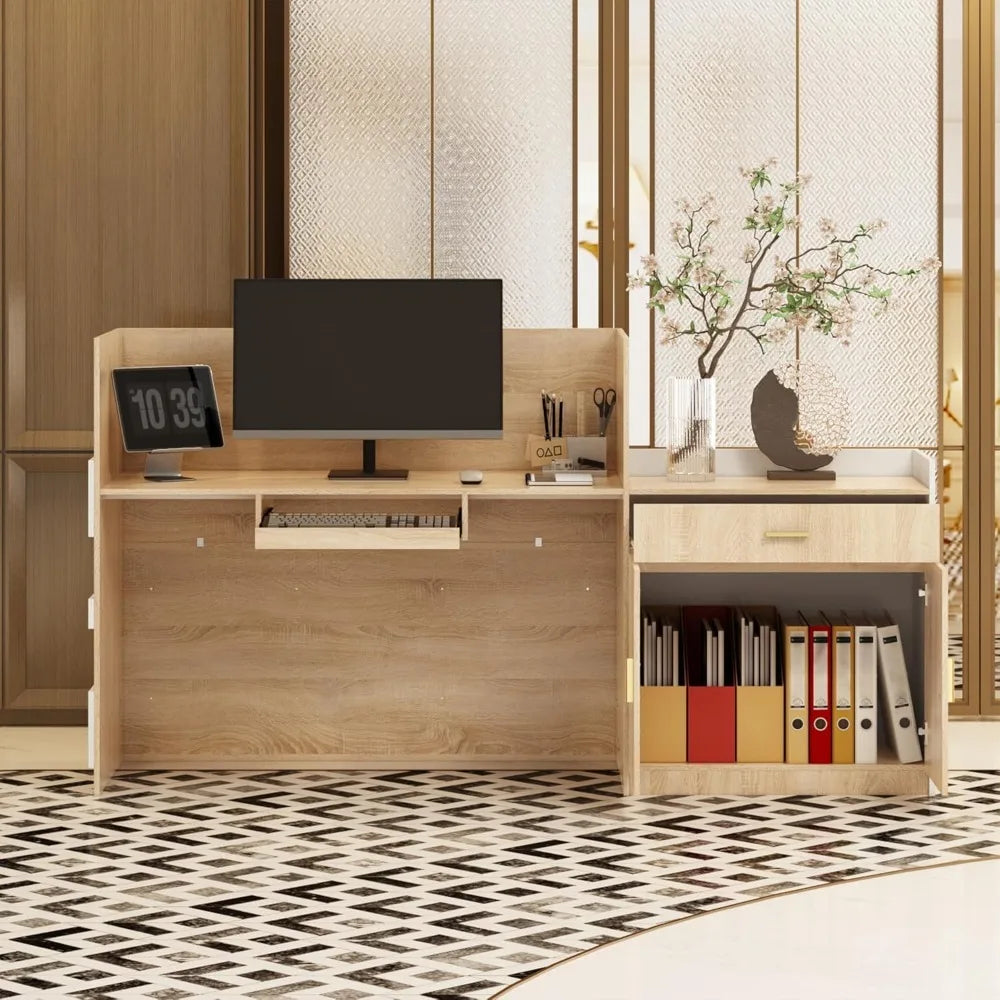 Oak & White Reception Desk with Keyboard Tray